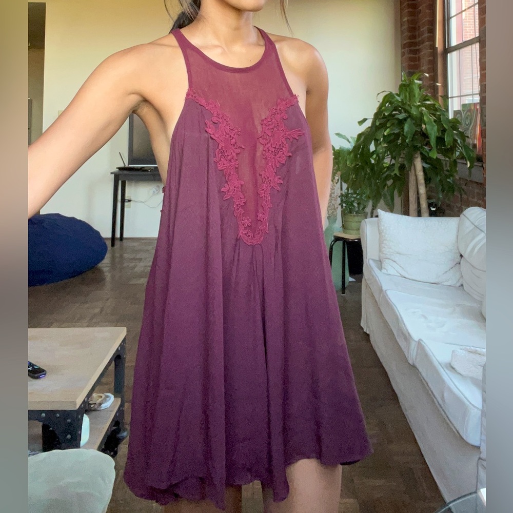 Burgundy romper with sheer v-neck